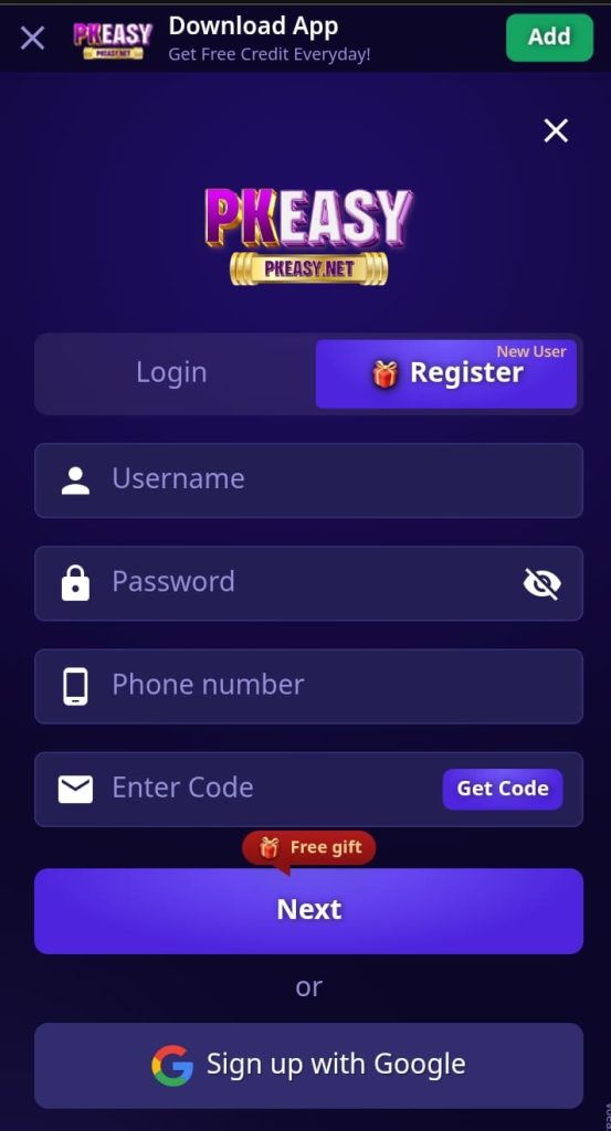 PkEasy Game Register & Login